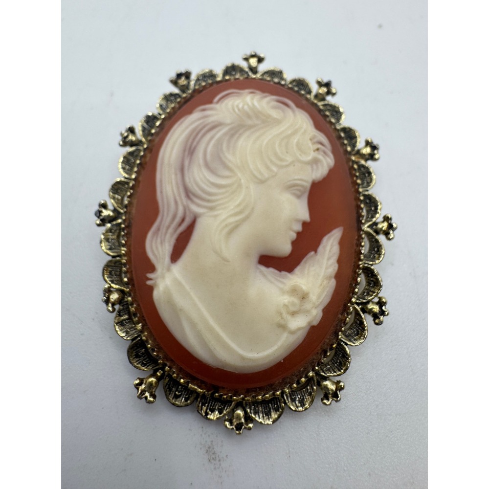 Gerrys Vintage Cameo Brooch Pendant Gold Tone Orange Portrait Jewelry